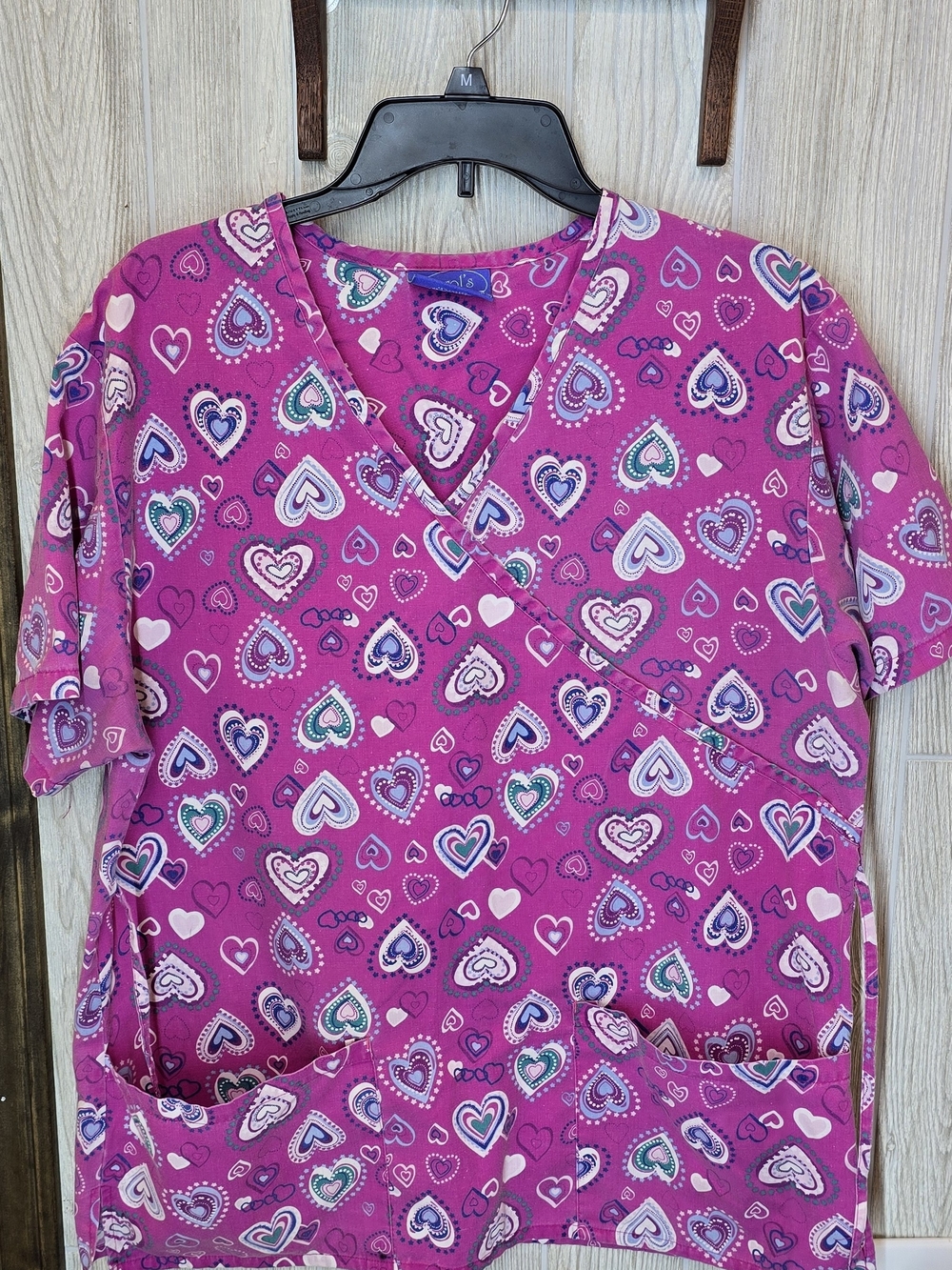 Women's Pink Heart-Print Short Sleeve Scrub Top